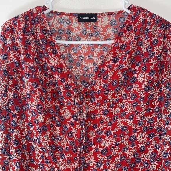 NICHOLAS Revolve Red Silk Blossom Ditsy Micro Floral Ruffle Blouse Top - Picture 3 of 6
